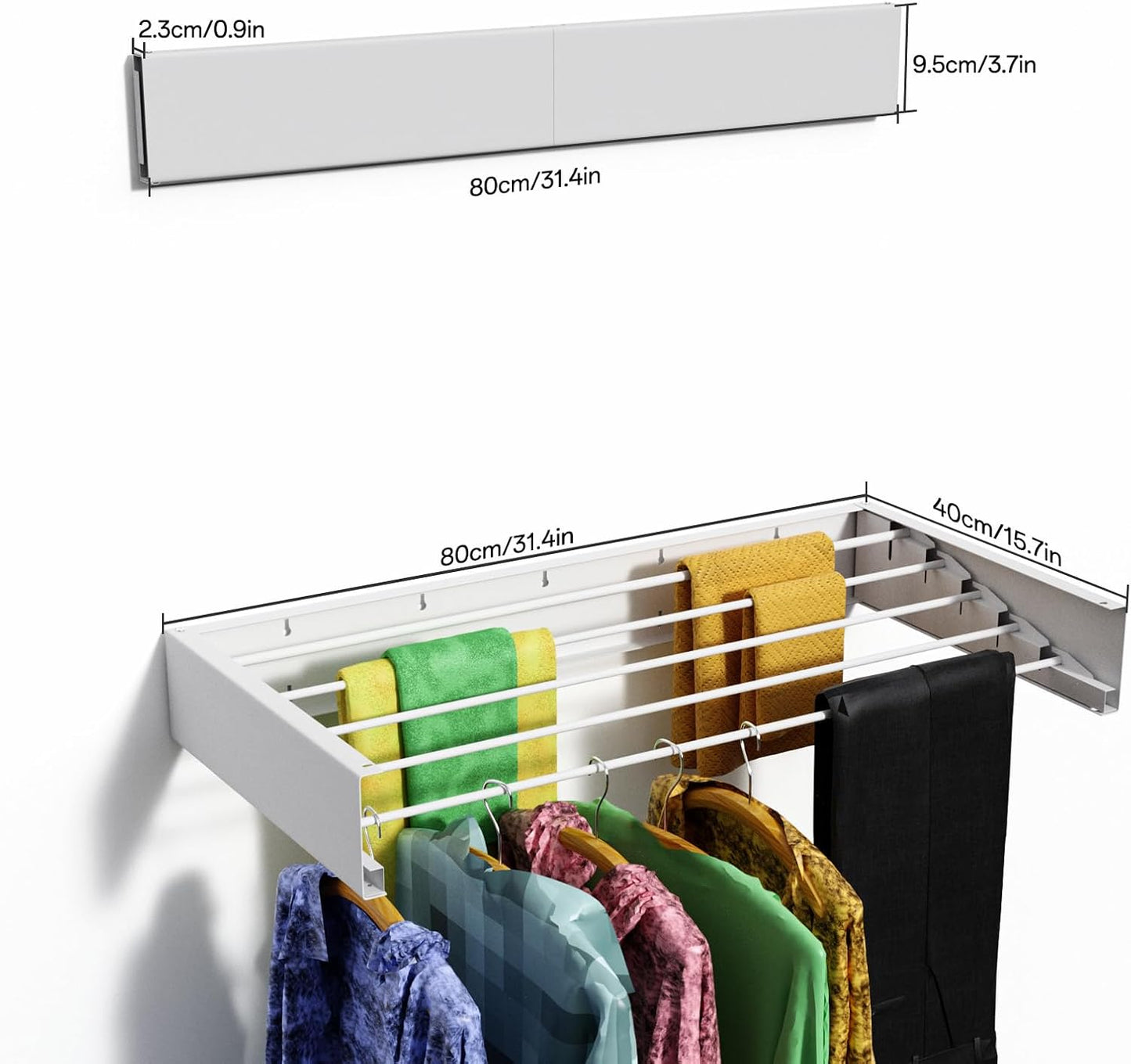 Wall Mounted Drying Rack for Laundry 31.5'', Folding Drying Rack Clothing Wall Mount with 5 Rods, Space Saving for Indoor Outdoor Bathroom Balcony (White 31.5") - NestledHome