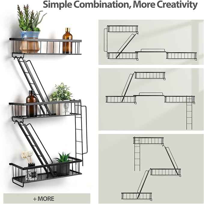 Fire Escape Wall Shelf - New York Decorative Ladder Shelf, Wall Art Floating Shelf Black Metal Shelves for Bedroom, Home Office Storage and Display (3-Tier)