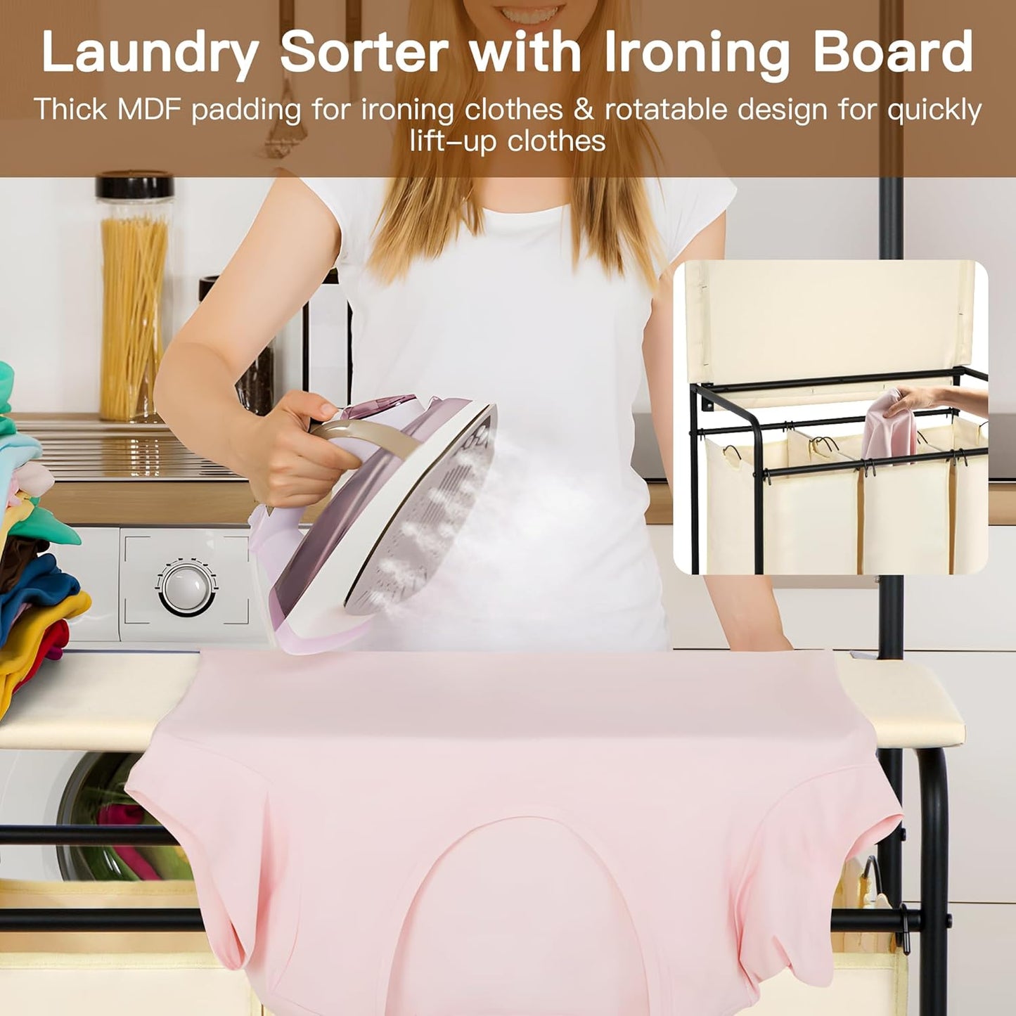 MYOYAY 3 Section Laundry Sorter with Garment Hanging Bar Rack Foldable Ironing Board, Laundry Basket Organizer Heavy Duty Laundry Hamper Rolling Cart with Lockable Wheels and 3 Removable Bags - NestledHome