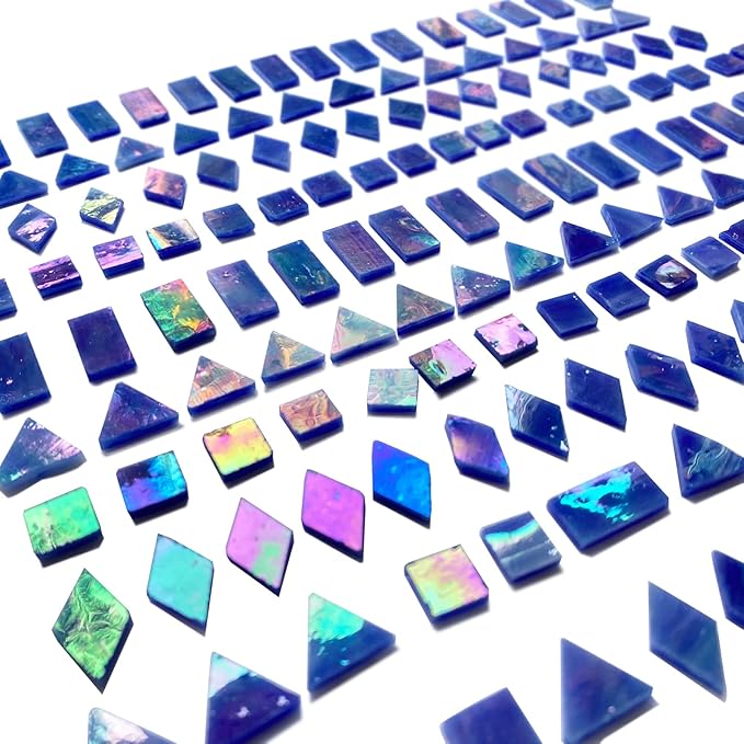 Magic Iridescent Blue Stained Glass Mosaic Tiles, 280 Pieces Mixed 4 Shapes Mosaic Glass Pieces for Crafts and Mosaic Making Projects