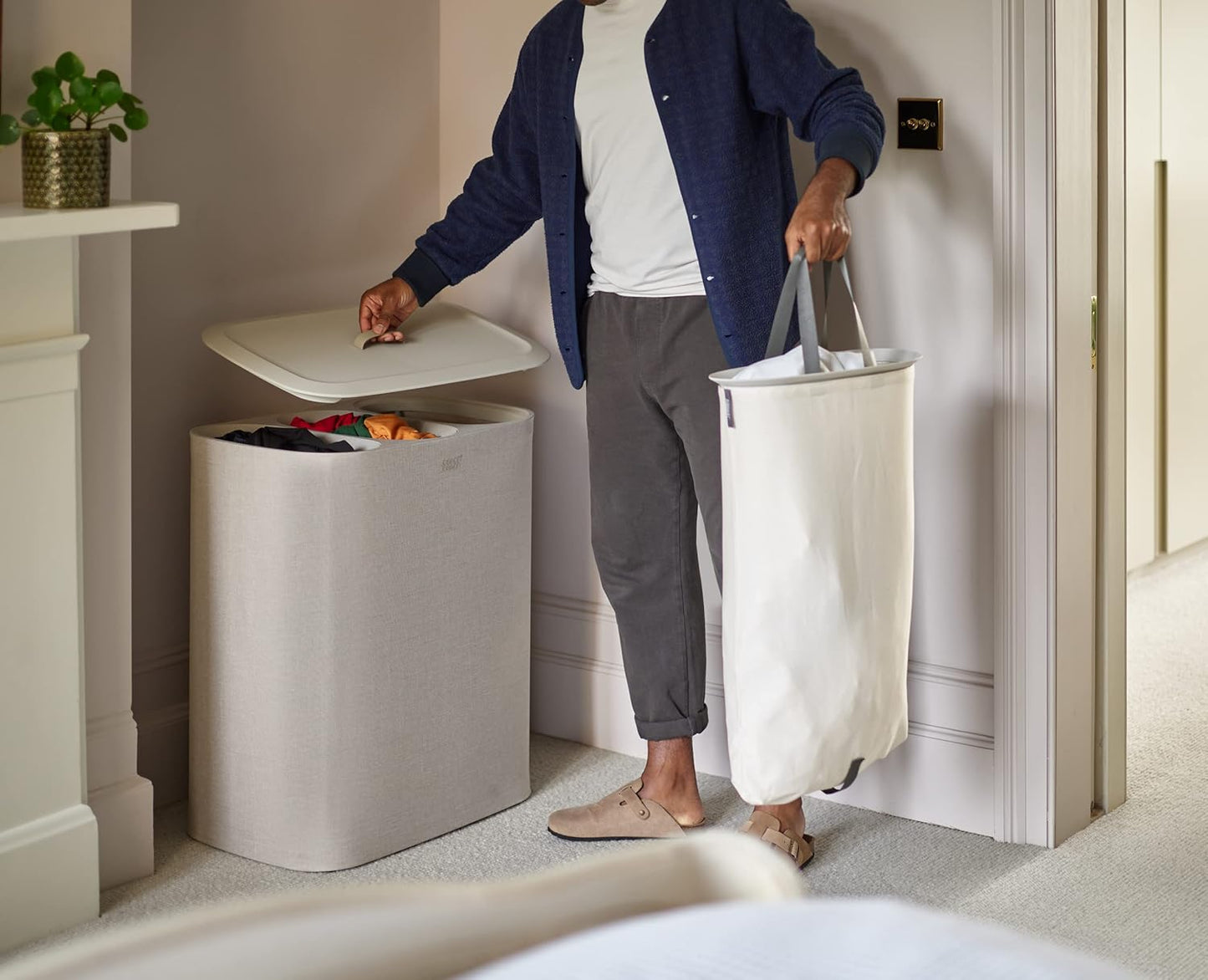 Joseph Joseph Tota Trio 90 liter/23.8 gallon Laundry Hamper Separation Basket with lid, 3 Removable Washing Bags with Handles- Ecru - NestledHome