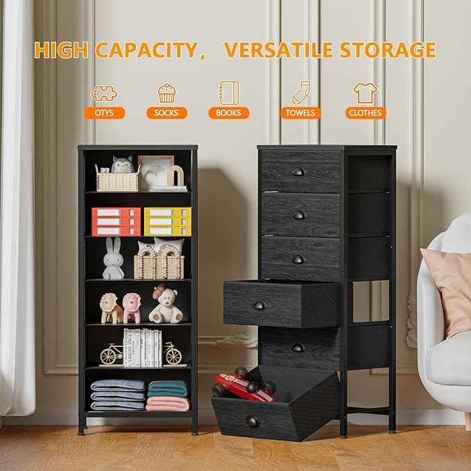 Furnulem Tall Dresser with 6 Drawers,Vertical Bedside End Table & Chest for Bedroom,Black Storage Tower Dorm Nightstand with Fabric Drawer Organizer Unit Furniture in Living Room,Closet,Hallyway