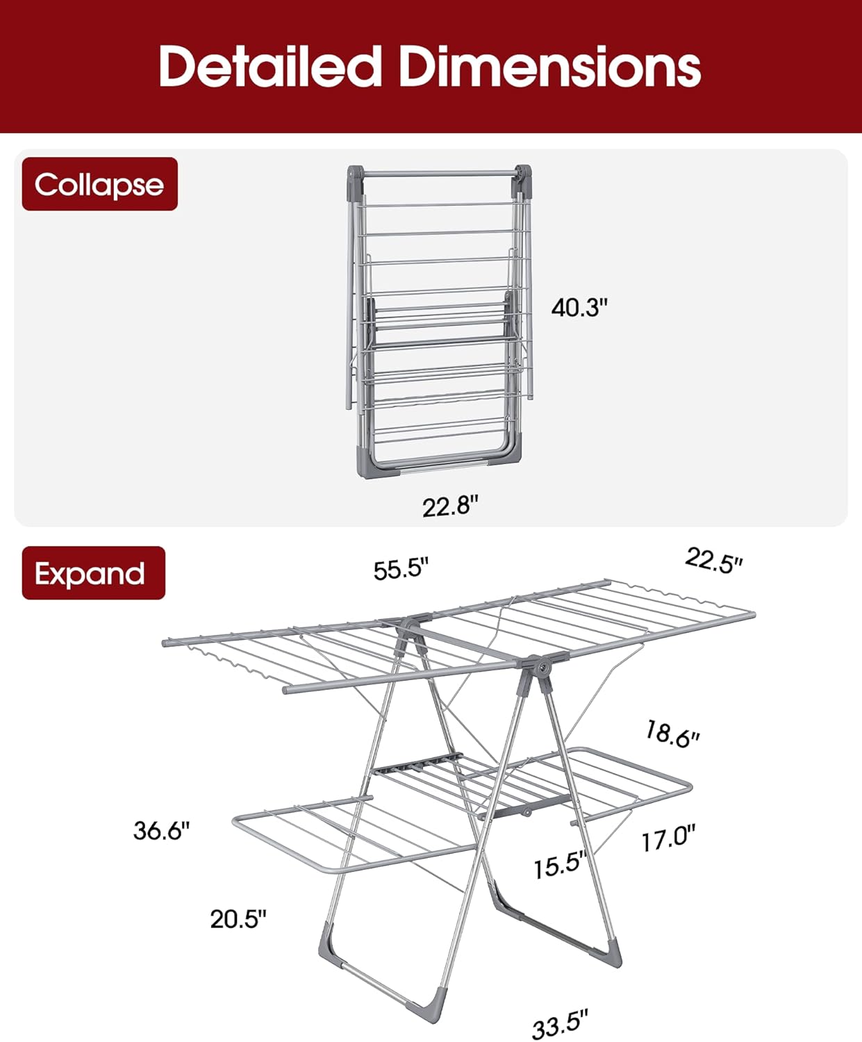 Clothes Drying Rack - Foldable Laundry Drying Rack for Clothing & Bedding, Easy-to-Assemble, Space-Saving Metal Airer with Non-Slip Feet, Indoor & Outdoor Use, 55.5"×22.8"×36.6", Gray - NestledHome