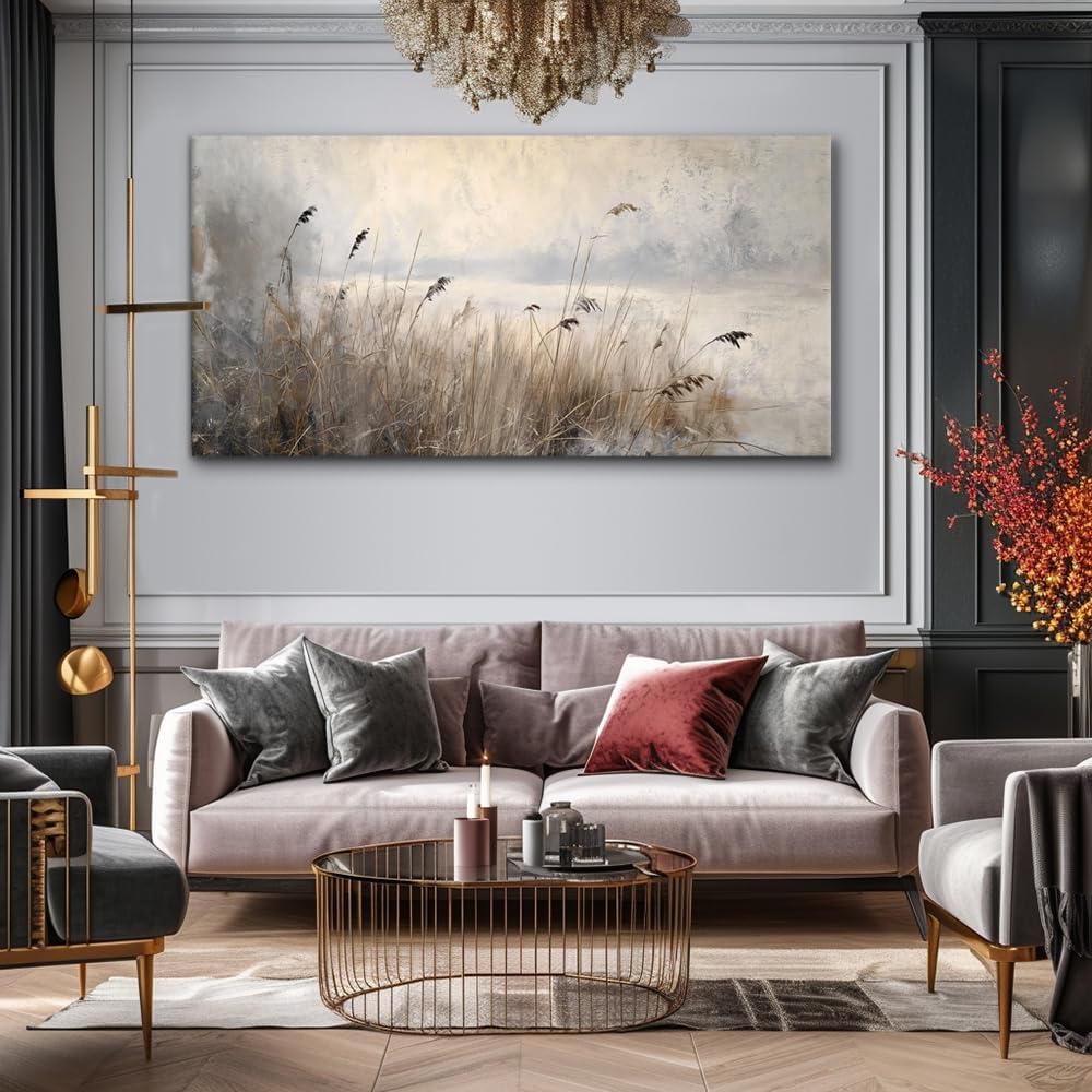 LASMOND Vintage Meadow Wall Art for Living Room Reed Grass Canvas Painting Prints Large Retro Rustic Cottagecore Countryside Landscape Farmhouse Bedroom Artwork Home Decor (58x28 Inches)