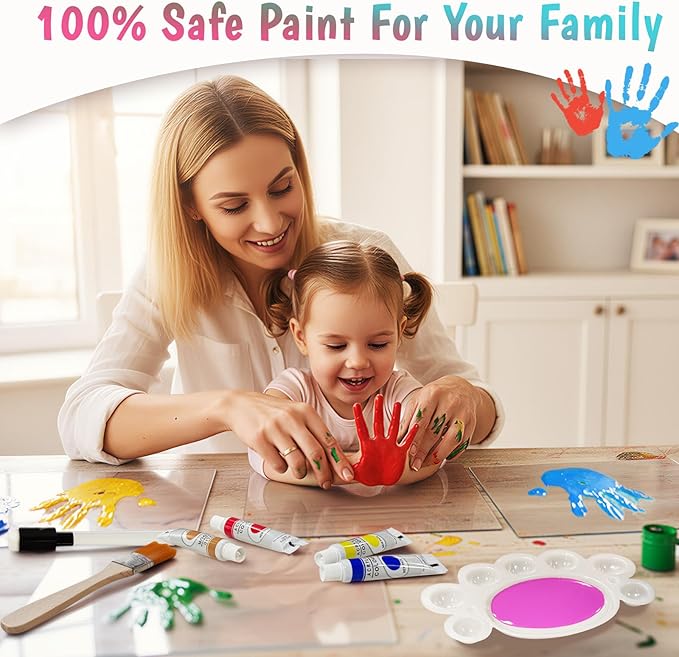 OurWarm Family Handprint Kit for 4, DIY Baby Handprint Set Keepsake Gifts with 50 PC Stickers & 12 Paints, Baby Footprint Kit Wooden Frame for New Parents Anniversary Newborn Adoption Day Gifts