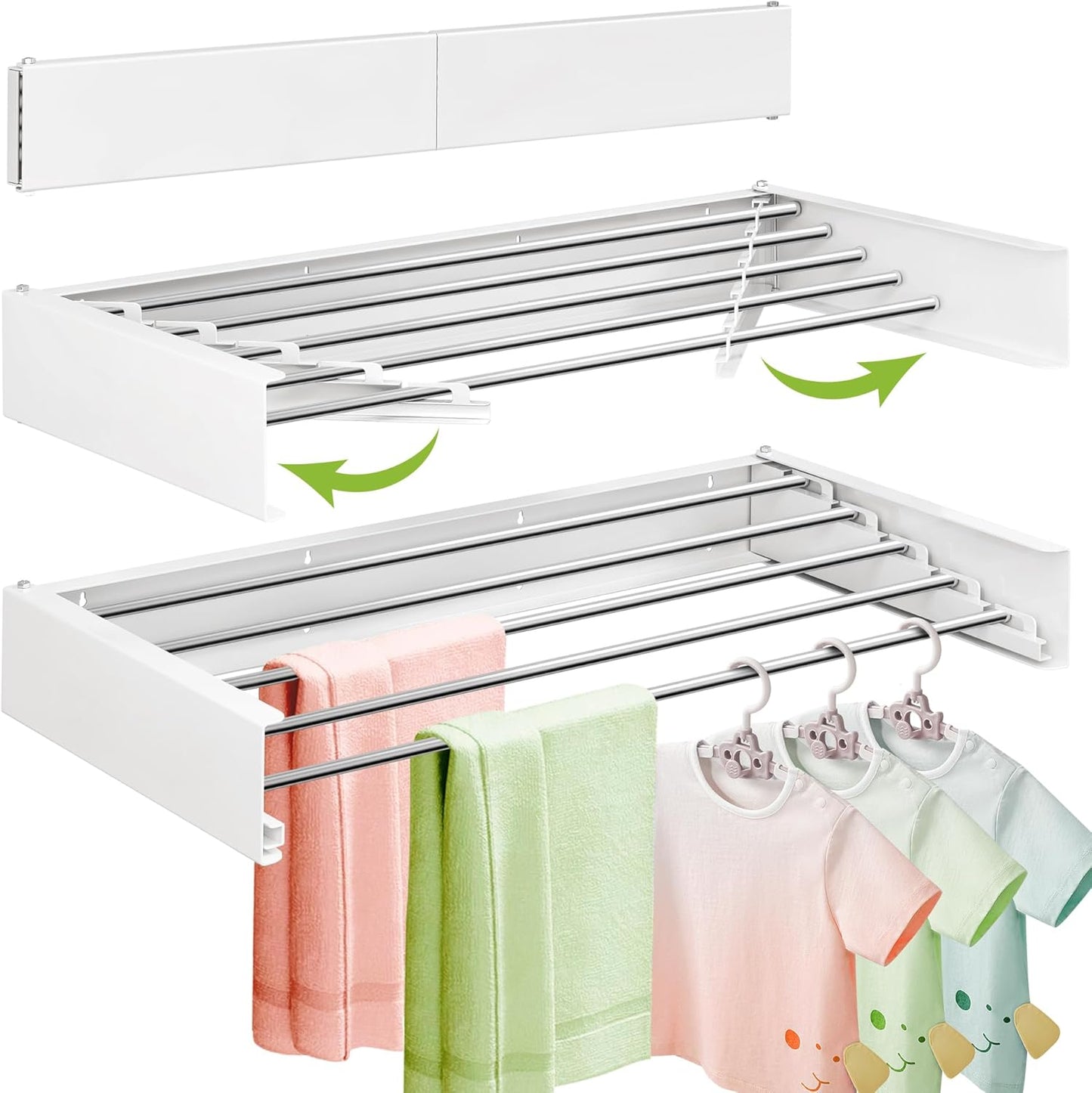 Wall Mounted Clothes Drying Rack 32 inches,Foldbale Laundry Drying Rack Wall Mount,Drying Rack Clothing Space Saver,Retractable,Collapsible,Folding Laundry Rack,White - NestledHome