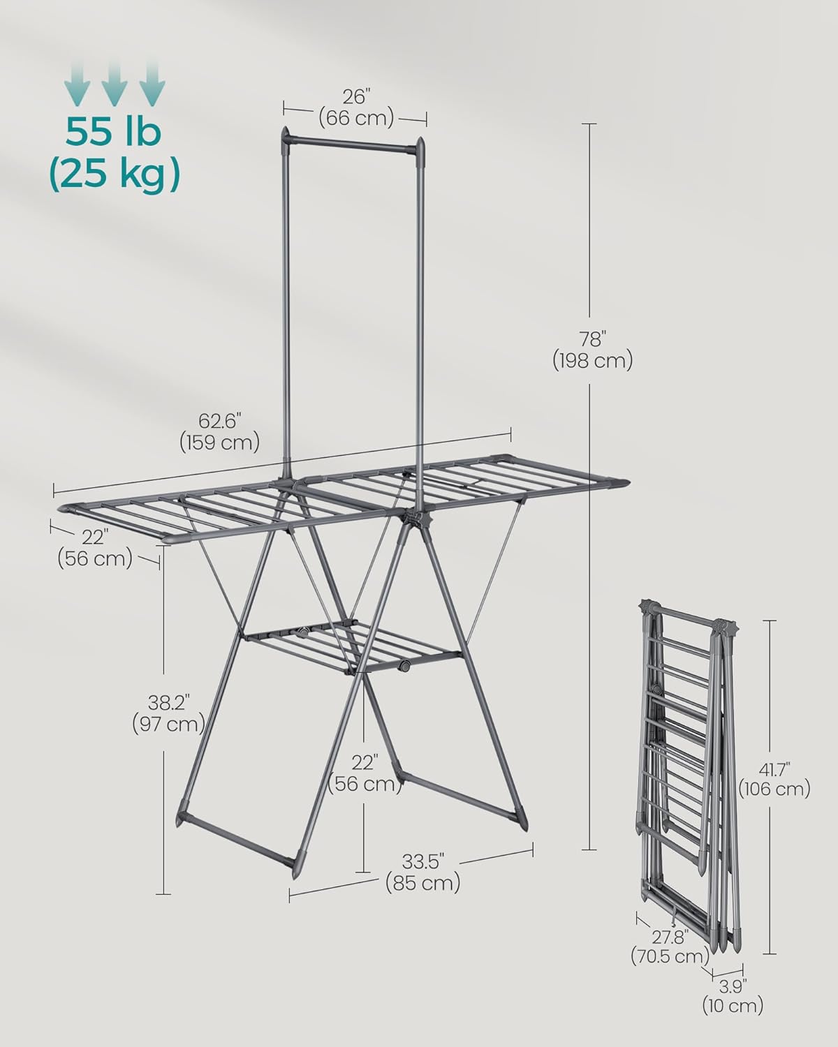 SONGMICS Clothes Drying Rack, Foldable 2-Level Laundry Drying Rack, Free-Standing Airer, 1 Additional Tall Hanging Bar, 2 Height-Adjustable Wings, 24 Drying Rails, Space Savng, Gray ULLR521G01 - NestledHome