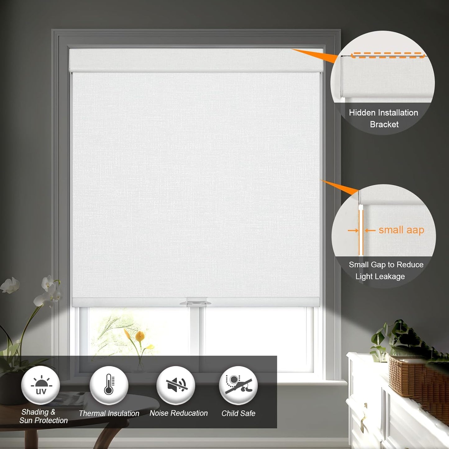 Persilux Blackout Roller Shades & Blinds Windows Shades Free-Stop Blackout Blinds with Jacquard Fabric,Cordless Blinds Pull Down Shades for Home, Easy to Install for Door/Office, White(54" W x 64" H)