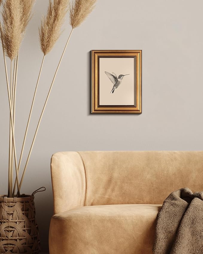 VIYYIEA Vintage Gold Framed Wall Art for Living Room, Birds Canvas Prints Home Decor, Sketch Painting Picture, Bedroom Wall Decor Gifts for Friends or Family -【Hummingbird】-(10L x 8W)