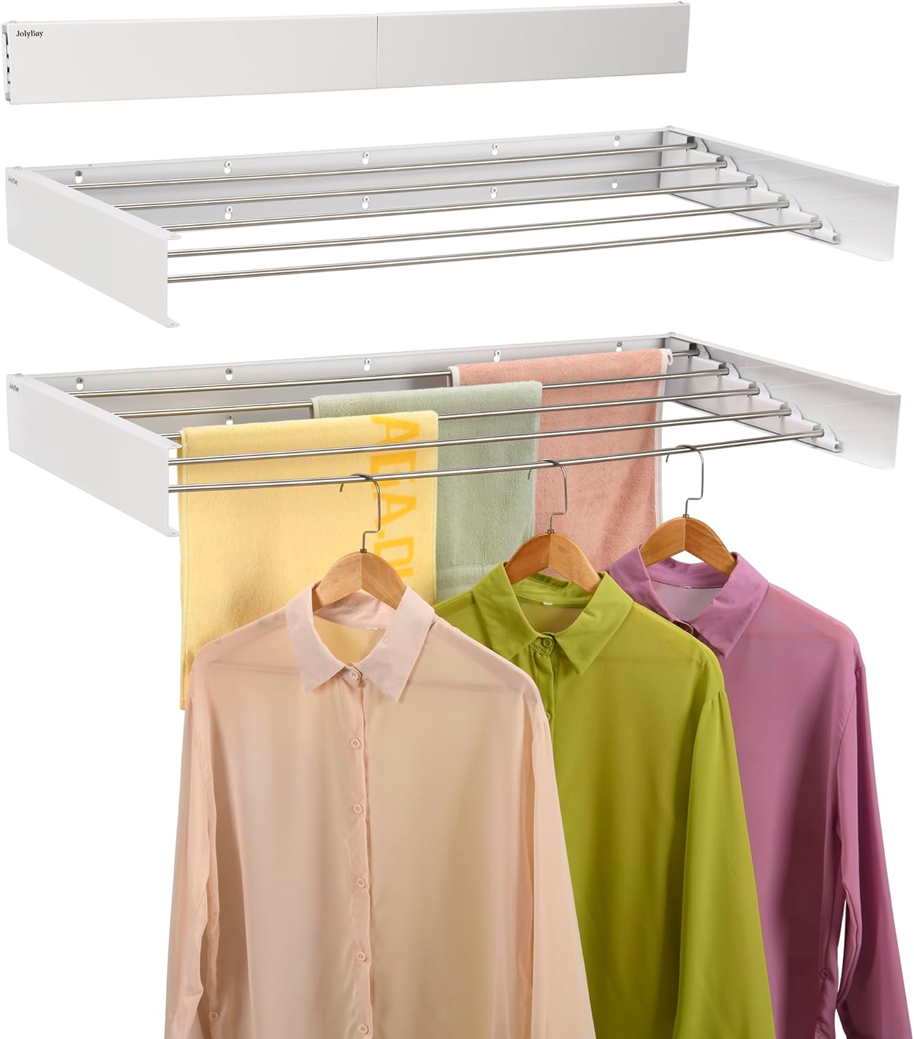Wall Mounted Laundry Drying Rack, Retractable Clothes Drying Rack for Bathroom with Wall Template, 5 Stainless Rods Heaving 60 lb Capacity (White, 40") - NestledHome