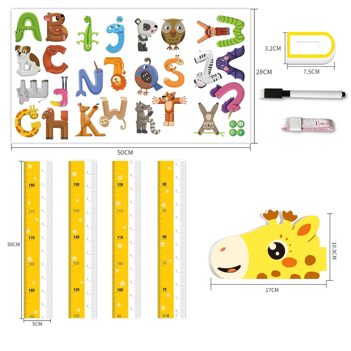 Kids Growth Chart Height Measure Wall Decal Animal Alphabet Stickers Giraffe Design Removable Wall Decorations - NestledHome