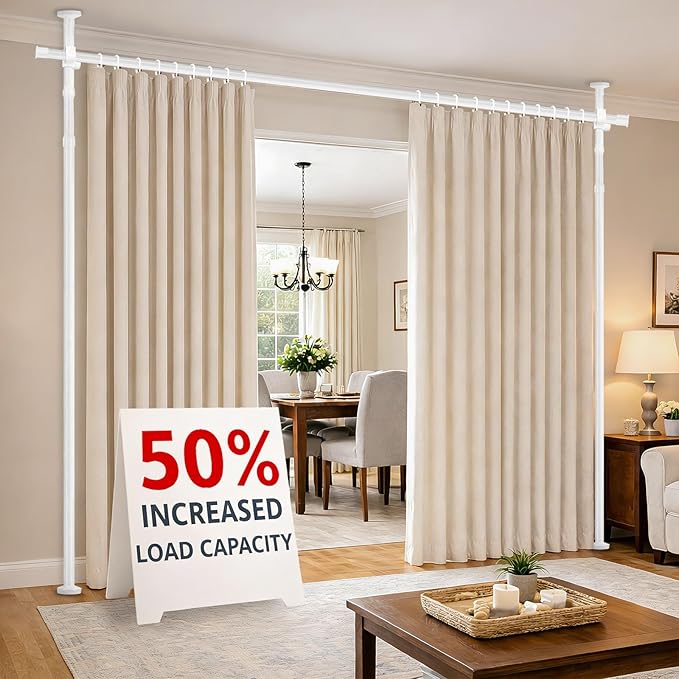 AJAZZ Room Divider Curtain Rod, No Drilling Room Separator for Space Partition Adjustable (H) 43-120×(W) 35-100 inch Heavy Duty Temporary Wall Divider Floor to Ceiling Tension Rod, White