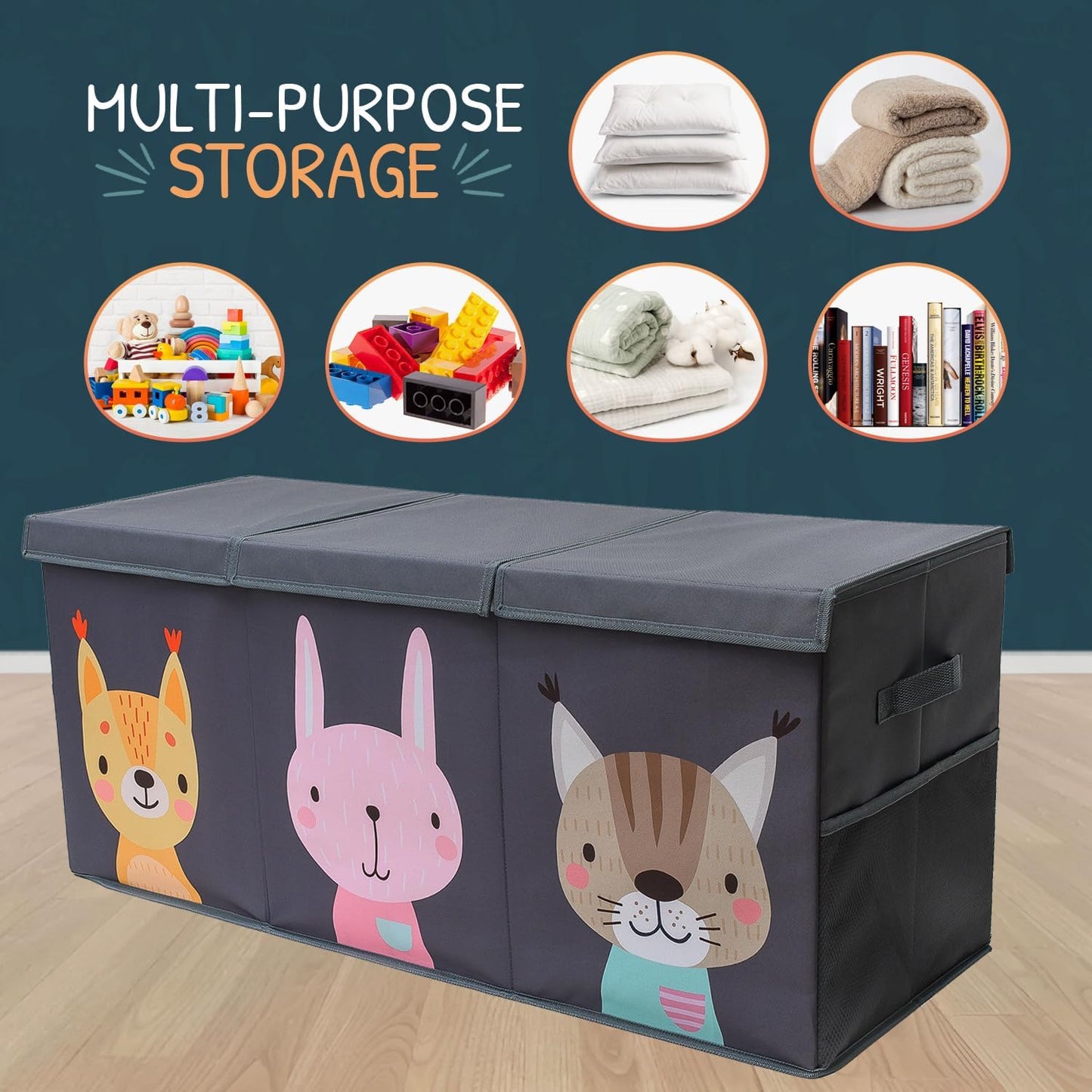 Extra Large Toy Storage Organizer with Lid - Sturdy, Collapsible Toy Chest Storage Box with Cute Design - Toys Bin with Dividers for Kids, Boys, Girls, Nursery, Bedroom, Play room 37"x16"x14" - NestledHome