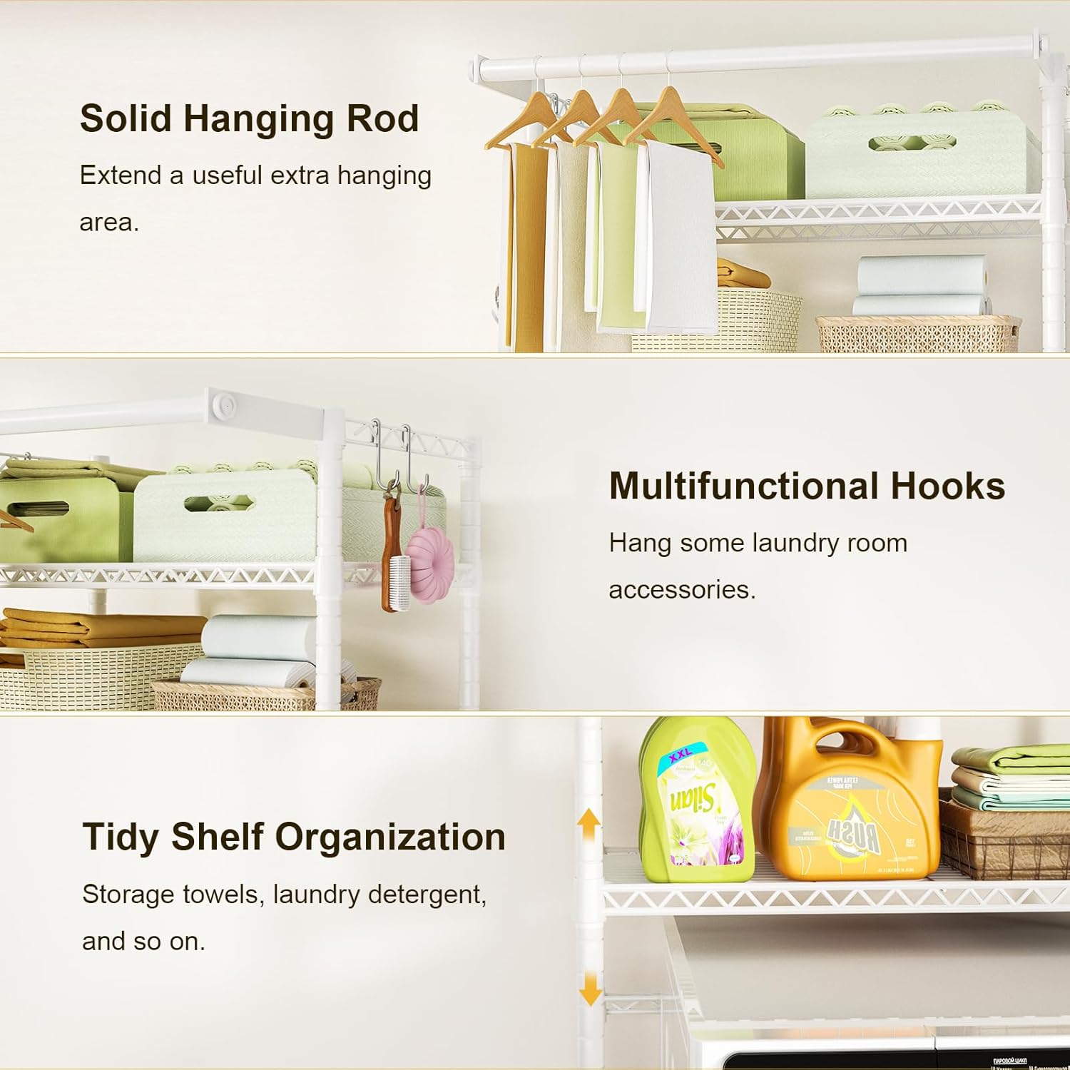 Ulif U11 Medium Over Washer and Dryer Shelves, 3 Tiers Laundry Room Storage and Organizer Standing Shelf, Metal Freestanding Clothes Drying Rack, 31.1”W x 19.7”D x 77.6”H, White - NestledHome