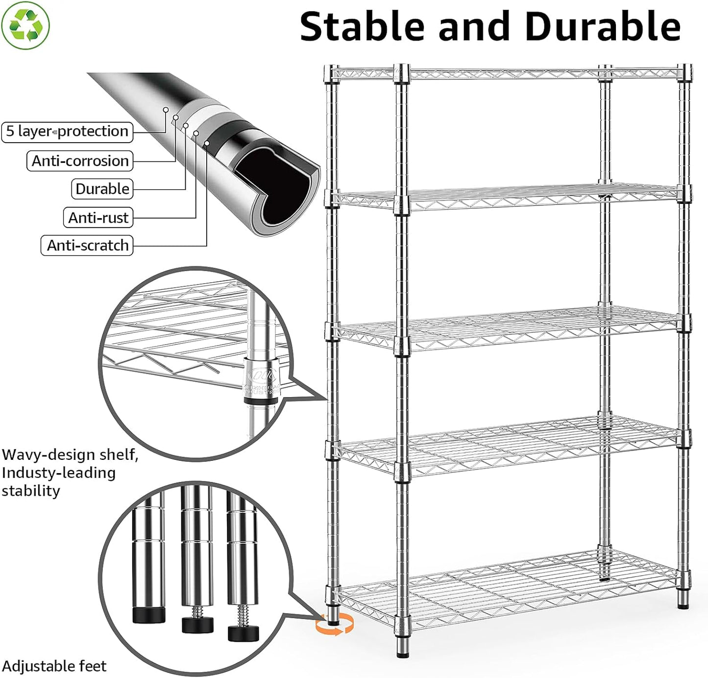 1250 lbs Steel Heavy Duty 5-Tier Utility Shelving Unit Steel Organizer Wire Rack for Home,Kitchen,Office,Chrome (13.7" D x 23.6" W x 62.4" H) - NestledHome