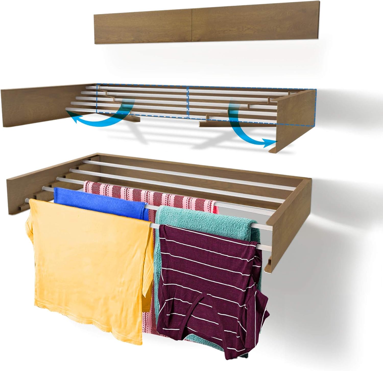 Step Up Laundry Drying Rack (28-INCH Wide - Wood-Look), Wall Mounted, Retractable Clothes Drying Rack, 40lbs Capacity, 11.6 Linear Ft, with Wall Template and Long Screwdriver Bit - NestledHome