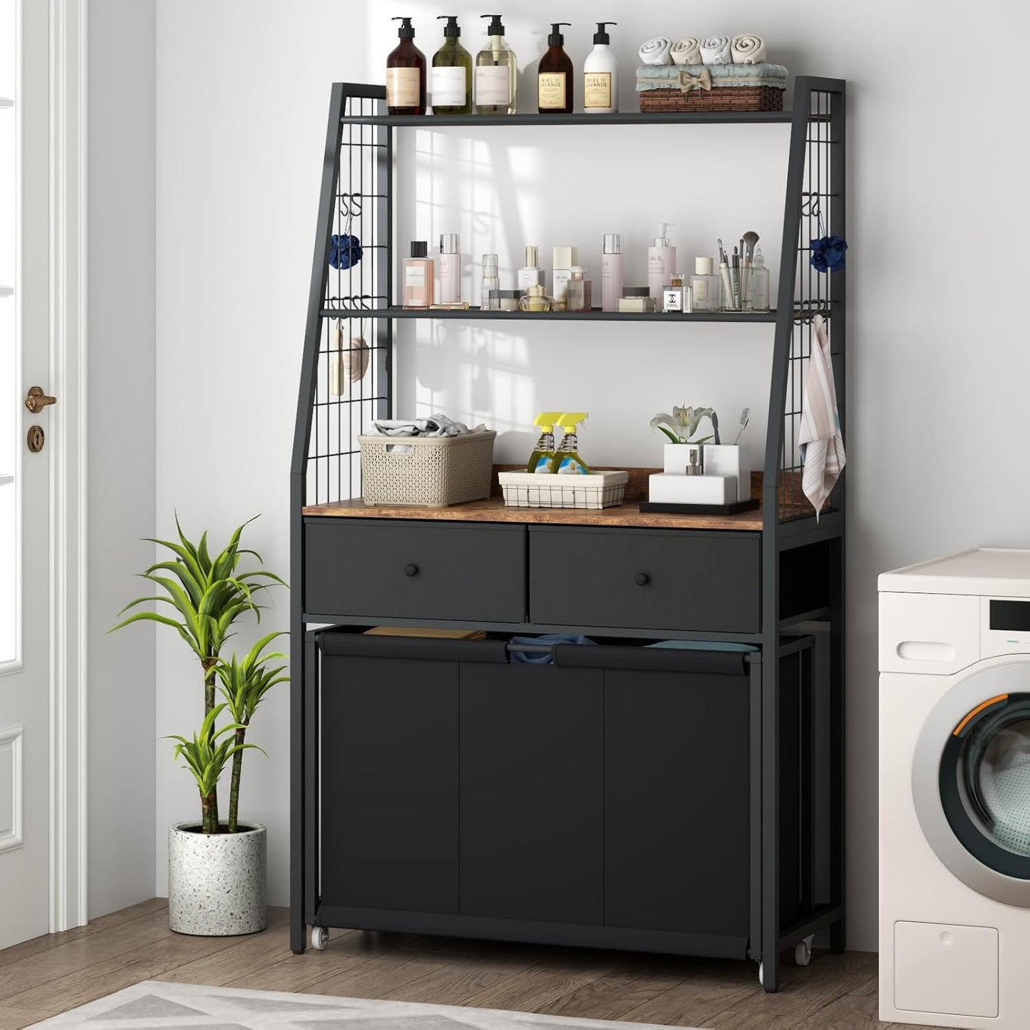 Laundry Hamper Laundry Basket with 3 Section Pull-Out Rolling Bags & 2-Tier Storage Shelf, Laundry Sorter for Organization and Storage with 2 Drawers for Laundry Room, Bathroom - NestledHome
