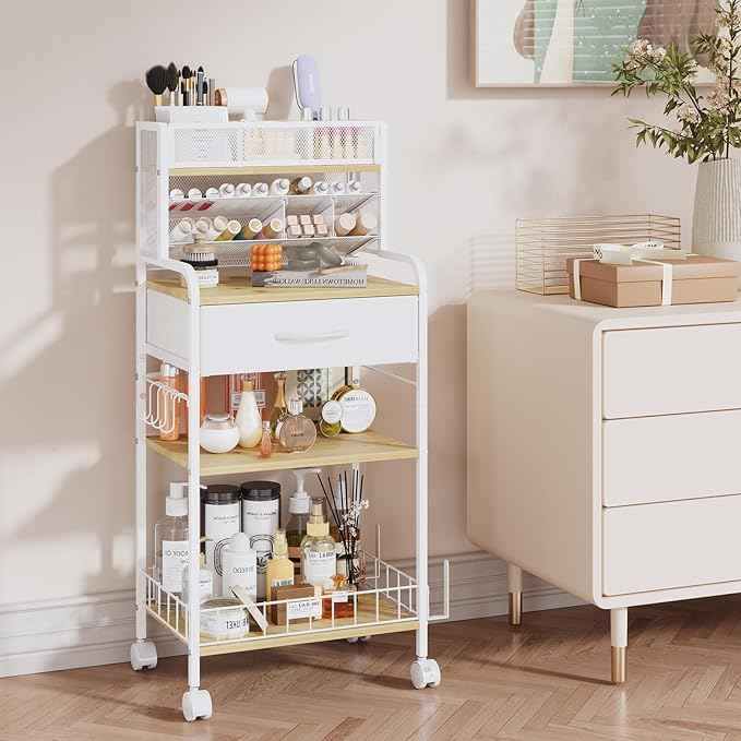 Art cart, 3 Tier Rolling Cart - Utility Cart with Storage Drawer and Wheels, Versatile Art & Craft Organizer for Home, Office, or Studio Ideal for Storing Brushes, Paints （ White）