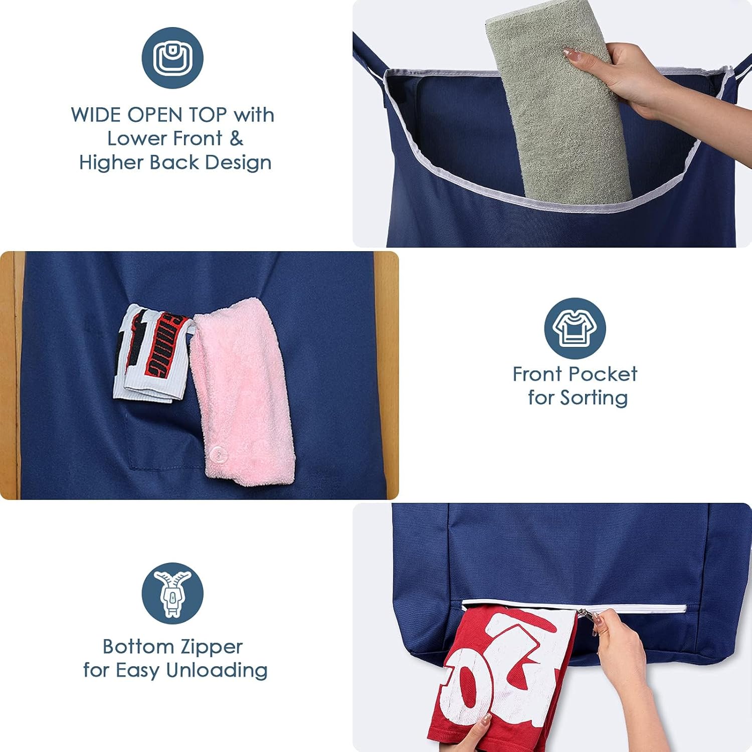 Fine Living Co. Large Hanging Laundry Hamper with Over Door Hooks & Adhesive, Durable Space Saving Laundry Bag with Zipper and Wide Open Top, Hanging Dorm Laundry Hamper (Navy Blue-XL) - NestledHome