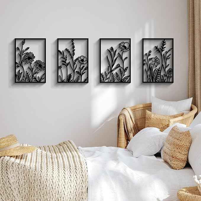 Glamativity 4 Pcs Black Abstract Flowers Metal Wall Art, Minimalist Floral Single Line Wall Décor, 3D Textured Sculptures, Rustic Nature Wall Art Décor for Living Room, Bedroom, Study (L Size 22.5x15.7'')