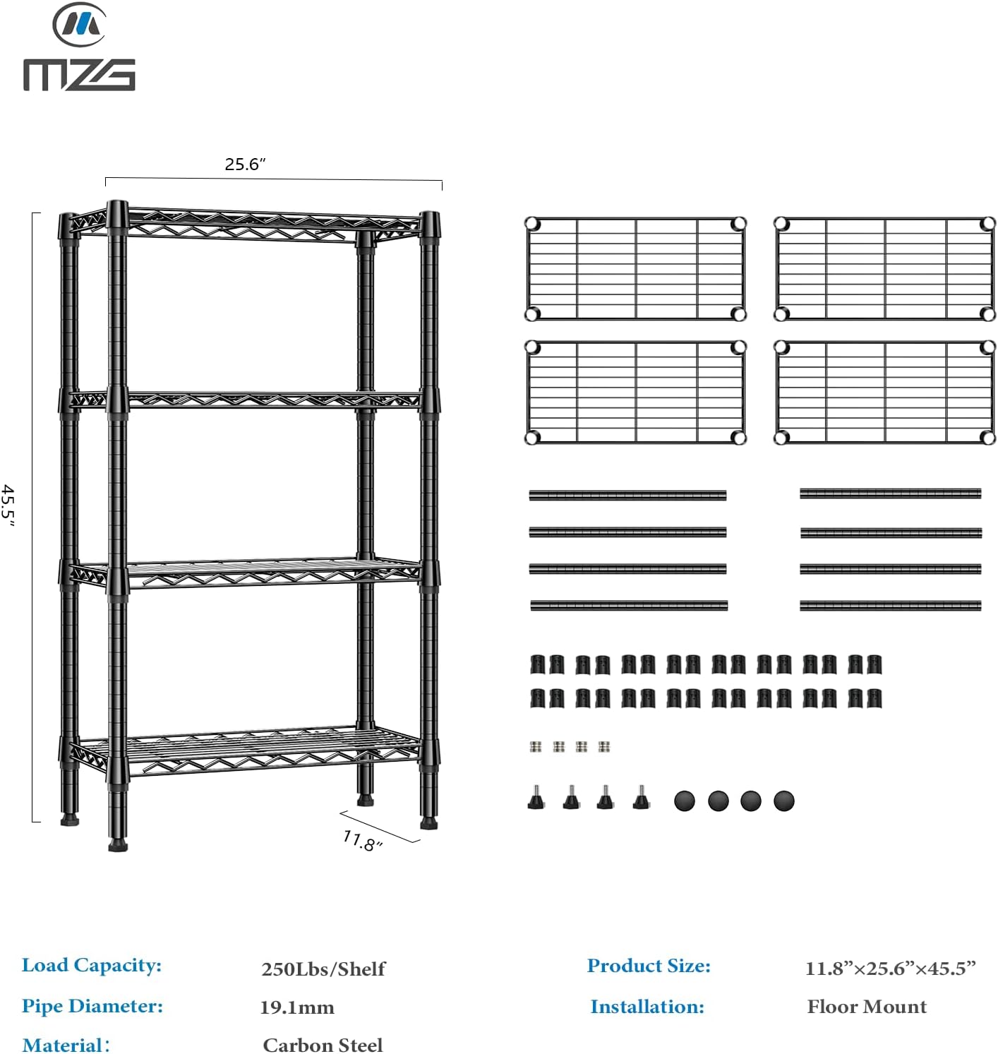 1000 lbs 4 Tier Shelf Metal Storage Shelves Wire Rack Closet Organizers for Garage Kitchen Bathroom Laundry Black 11.8" D x 25.6" W x 45.5" H - NestledHome