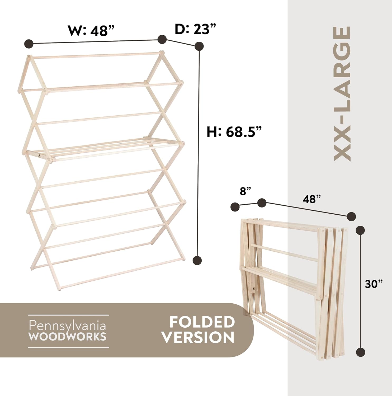 Pennsylvania Woodworks Clothes Drying Rack: Solid Maple Hard Wood Laundry Rack for Blankets, Towels, Bedding & More, Heavy Duty Folding Drying Rack, Made in USA, No Assembly Needed, XXLarge - NestledHome