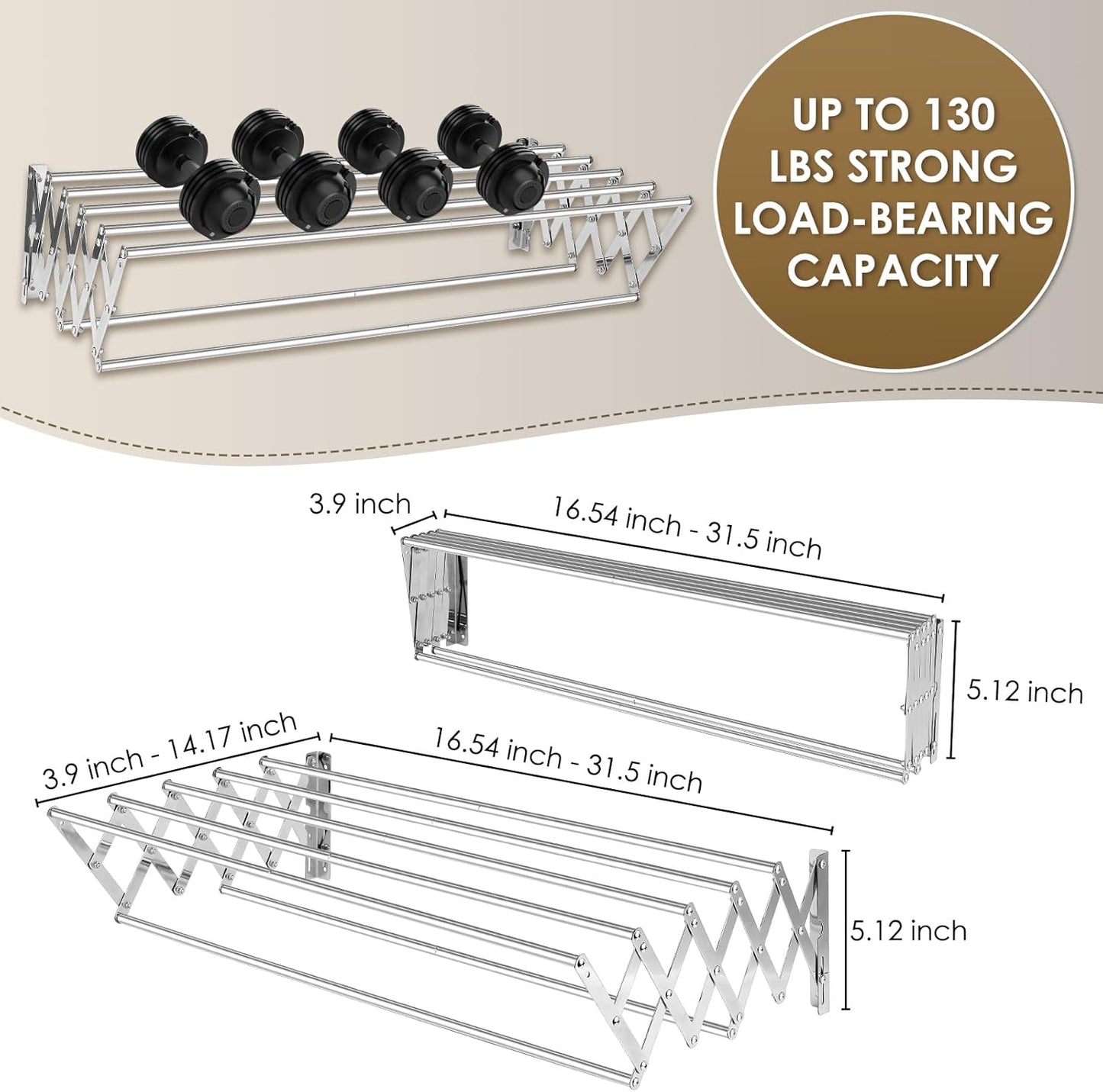 XL-31.5" Wall Mounted Clothes Drying Rack, 130 LBS Large Capacity Rustproof Retractable Clothes Rack, Collapsible Drying Rack Easy to Install with 7 Drying Rods, Space Saving for Laundry-White - NestledHome