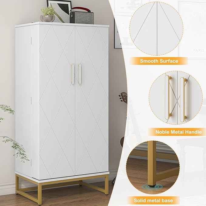 51” Kitchen Pantry Storage Cabinet, White Freestanding Pantry Cabinets with Doors and Adjustable Shelves, Buffet Cupboards Storage Cabinet for Home Office Use, Dinning Room(White + Gold)