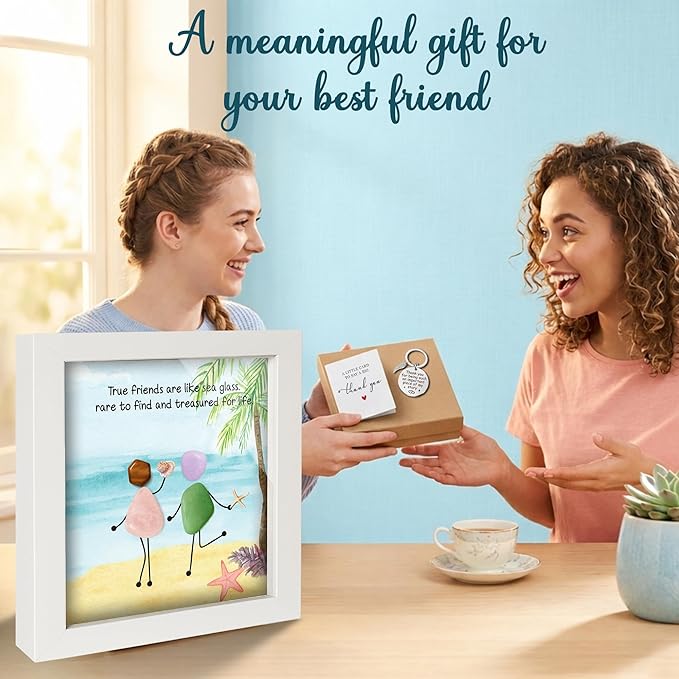 Friendship Birthday Gifts for Women, 4.7" Sea Glass Art Frame Best Friend Wall Art Decor, Engraved Bestie Keychain, Thank You Card, Appreciation Presents for Her Sisters, Friends, BFF, Besties S94-47