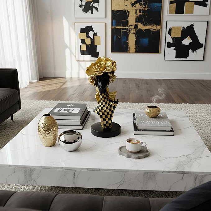 African Queen Sculpture Gold Flower Crown, Black and Gold Checkered Gift Statue, Luxury Art Figurine for Home Decor Shelf Table Display