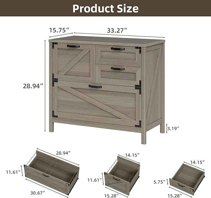 Wood Lateral File Cabinet with 4-Drawer for Hanging Files Letter/A4/Legal Size, Large Farmhouse Filing Cabinets for Home Office, Printer Stand with Office Cabinet, Office Furniture, Rustic Grey