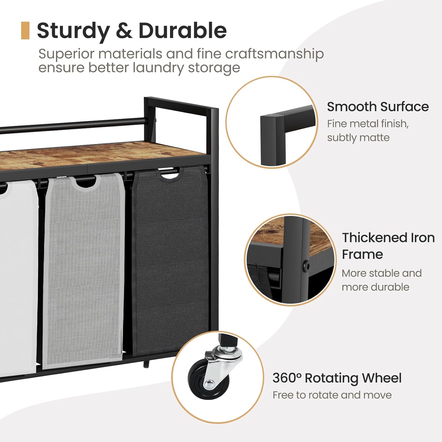 Laundry Hamper, Laundry Basket, Laundry Sorter with 3 Removable Bags, Clothes Basket with 3 Compartments, Wheels, Shelf for Laundry Room Bathroom Bedroom (3 Bags-Black Grey White) - NestledHome