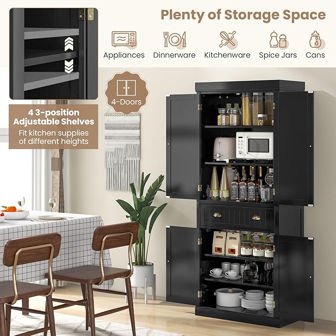 Nightcore Freestanding Kitchen Pantry Cupboard, 6ft Wood Cupboard w/ 4 Adjustable Shelves, 2 Wood Pantries, & 1 Drawer, Utility Storage Cabinet for Kitchen, Hallway, Living Room, Bathroom (Black)