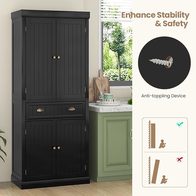 Nightcore Freestanding Kitchen Pantry Cupboard, 6ft Wood Cupboard w/ 4 Adjustable Shelves, 2 Wood Pantries, & 1 Drawer, Utility Storage Cabinet for Kitchen, Hallway, Living Room, Bathroom (Black)