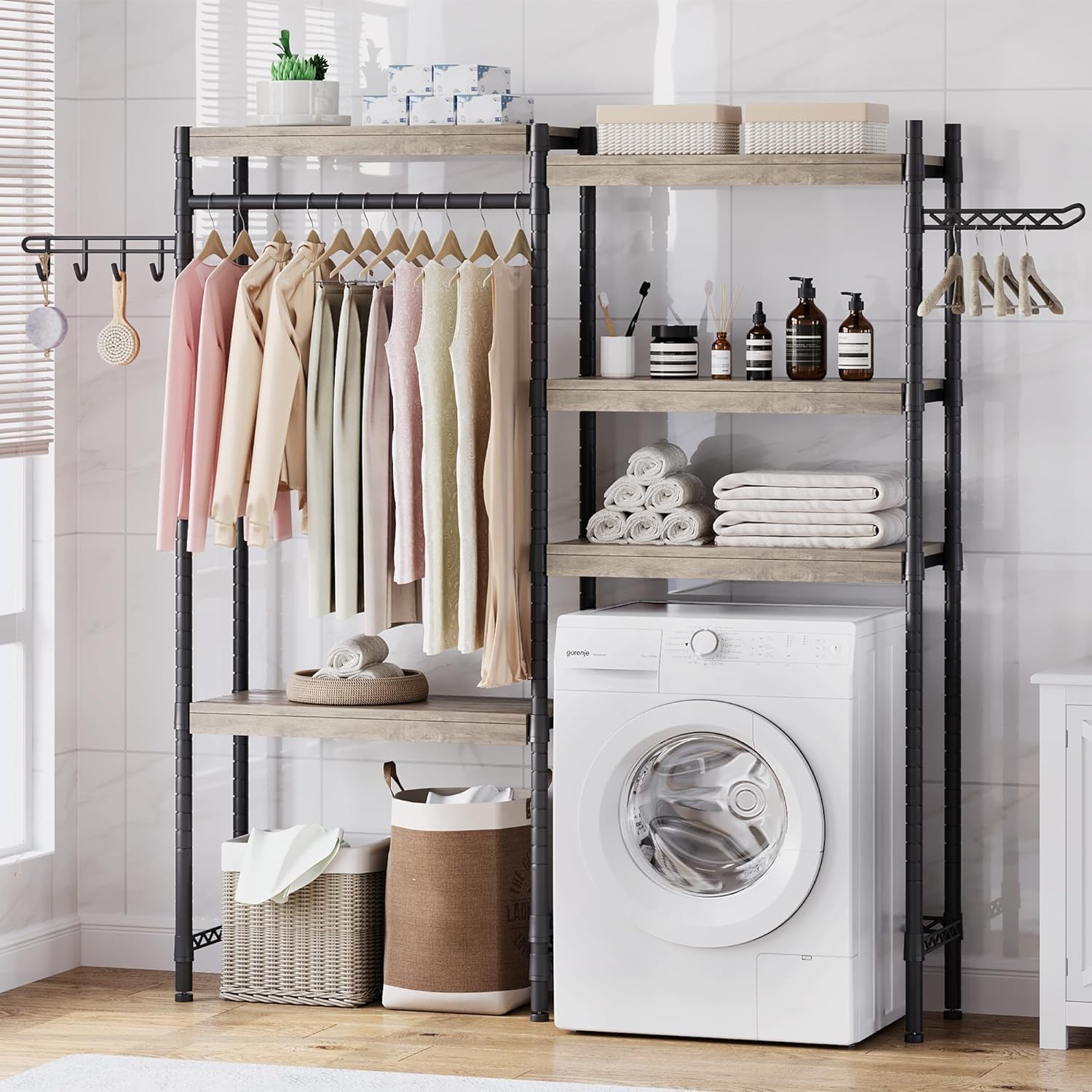 CABIHOME Heavy-Duty Laundry Shelf with Drying Racks | Space-Saving Adjustable Over-Washer Storage Organizer | 4-Tier Bathroom & Laundry Room Shelving Unit (Engineered Wood, 28") - NestledHome