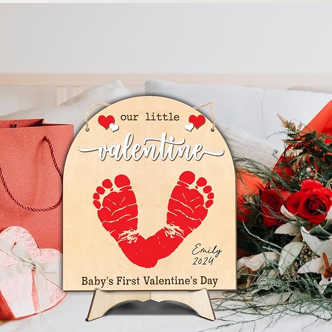 DIY Baby's First Valentine's Day Footprint Signs, Baby First Valentine's Day Gifts for Babies, Toddle Valentine Crafts, Memory Keepsake Baby Milestone Announcement Props (Our Little Valentine)