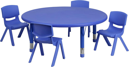 EMMA + OLIVER 45" Round Blue Plastic Adjustable Activity Table Set-4 Chairs - NestledHome