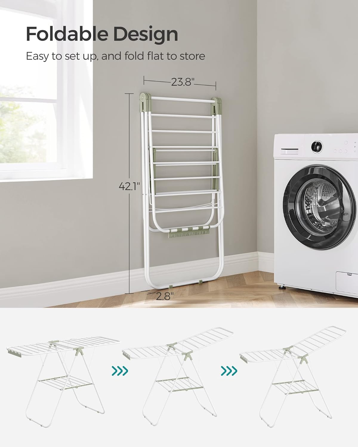 SONGMICS Clothes Drying Rack, with Sock Clips, Metal Laundry Rack, Foldable, Space-Saving, Free-Standing Airer, with 2 Height-Adjustable Gullwings, Indoor Outdoor Use, White and Green ULLR052C01 - NestledHome