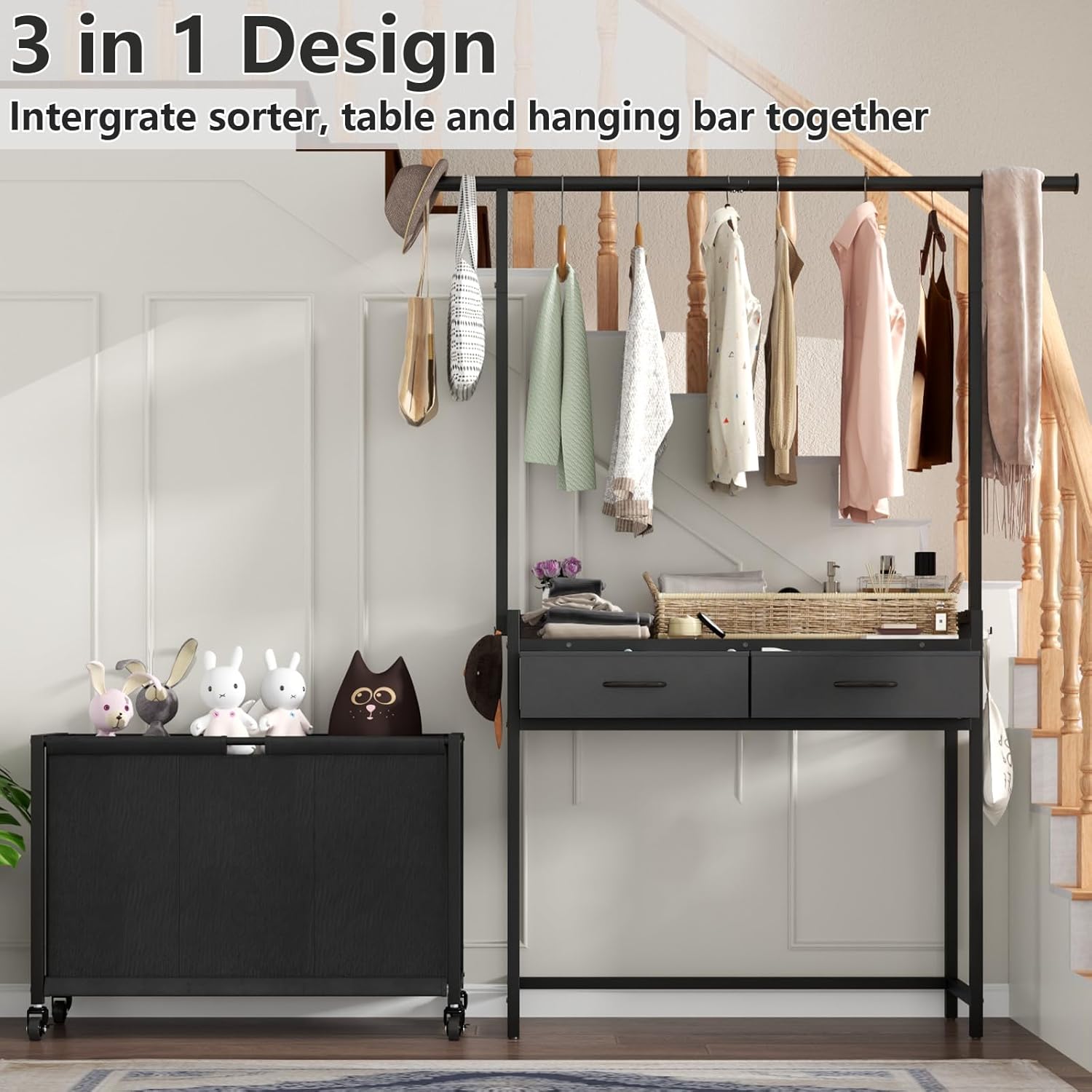 Laundry Sorter Hamper with Hanging Cloth Rack, Laundry Basket with 3 Section Pull-Out Rolling Bags, Laundry Sorter for Organization and Storage with 2 Drawers for Laundry Room (Vinatge Brown) - NestledHome