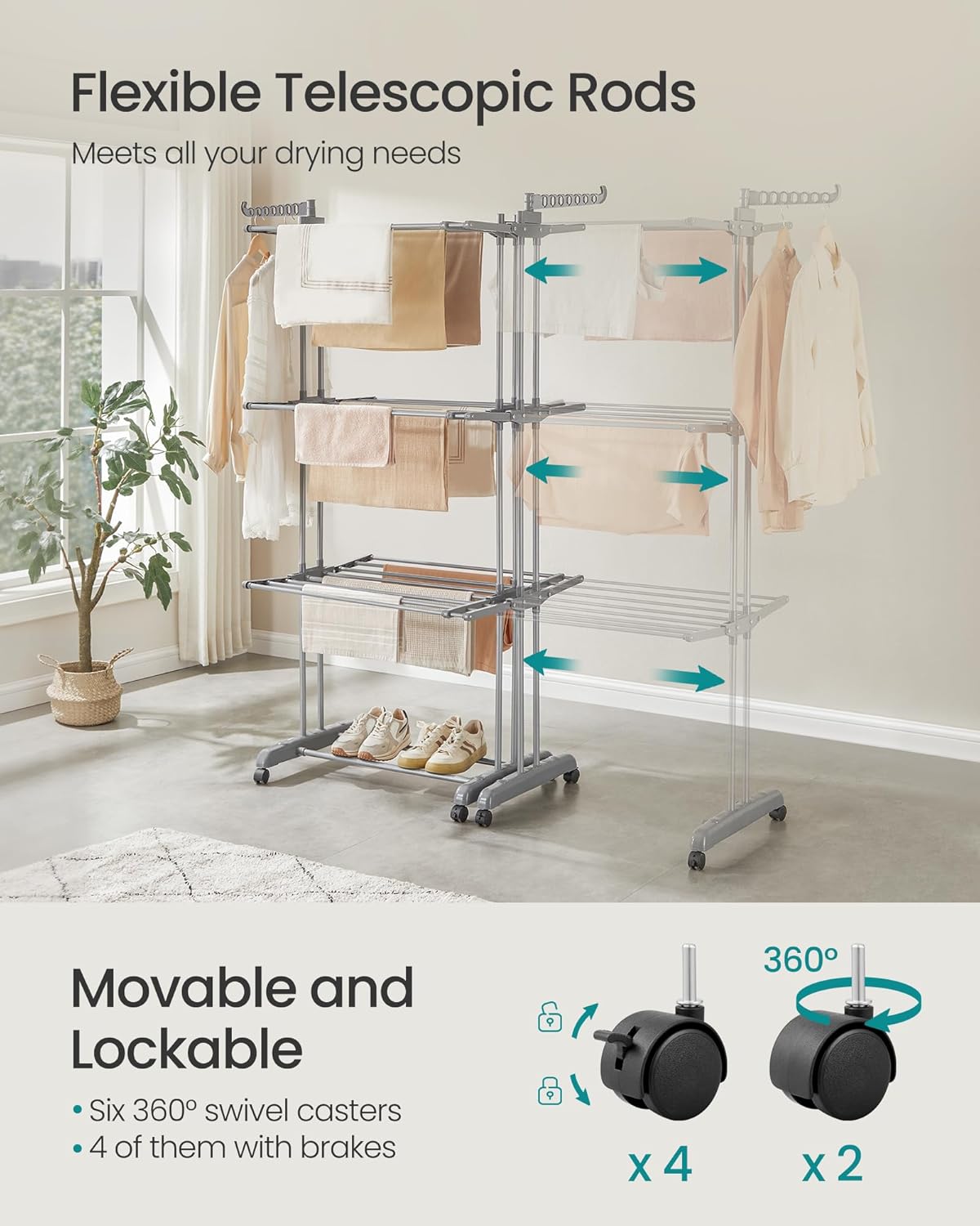SONGMICS Clothes Drying Rack 4-Tier, Foldable Laundry Drying Rack 69.9-Inch Tall, Extendable Rods, Stainless Steel, Rolling Clothes Horses, Clothes Airer, Indoor Outdoor Use, Dove Gray ULLR704G01 - NestledHome