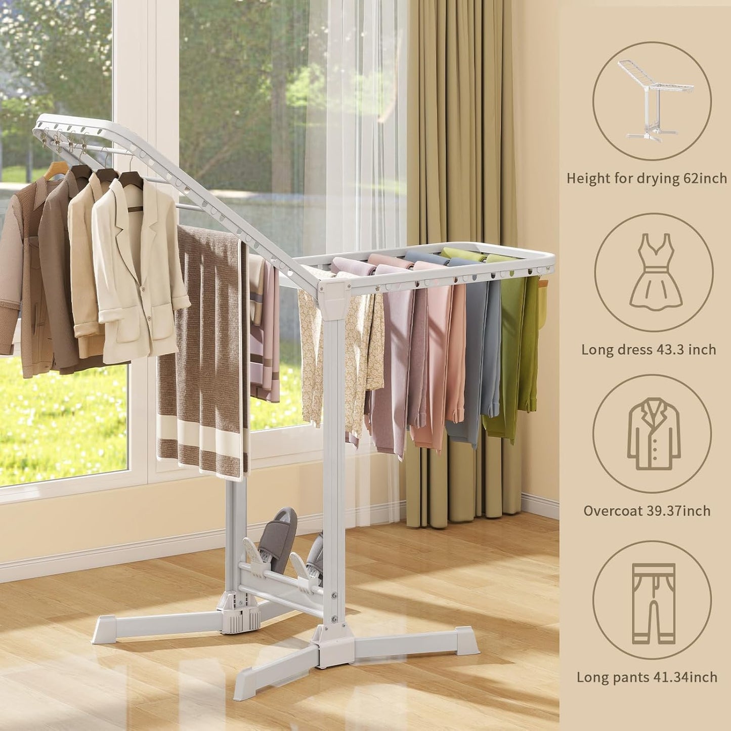 Heavy Duty Clothes Drying Rack Foldable, Aluminum Large Drying Rack Clothing with 2 Height-Adjustable Drying Wings, Laundry Racks for Drying Clothes,Easy to Fold,Indoor Outdoor Use - NestledHome