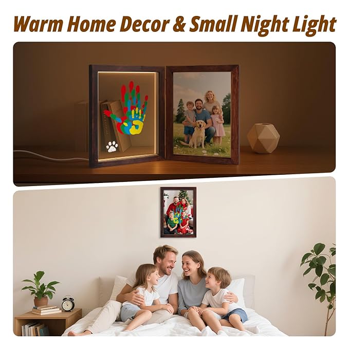 Family Handprint Kit with Light, 5 Non-Toxic Paints, Hand Prints Ornament Keepsake Frame for 4, DIY Craft Gift for New Parents & Mom & Baby, Grandparents, Mother's Day, Father's Day