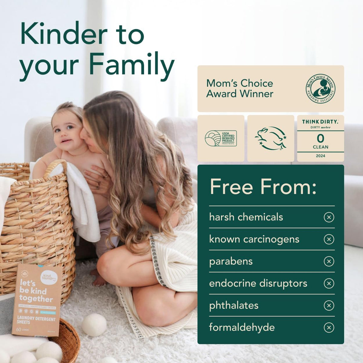 Kind Laundry Detergent Sheets with Stain-Fighting Enzymes - Plant Powered Eco-Friendly Laundry Soap Sheets - Home or Travel Laundry Detergent Fragrance Free, 120 Loads (Mom's Choice Award Winner) - NestledHome