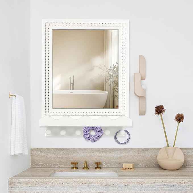 Tirzah 16x12 Inch Wall Mount Beaded Wood Framed Mirror with Shelf and 6 Hooks, White Decorative Entryway Mirror with Storage for Laundry Room, Bathroom, Bedroom