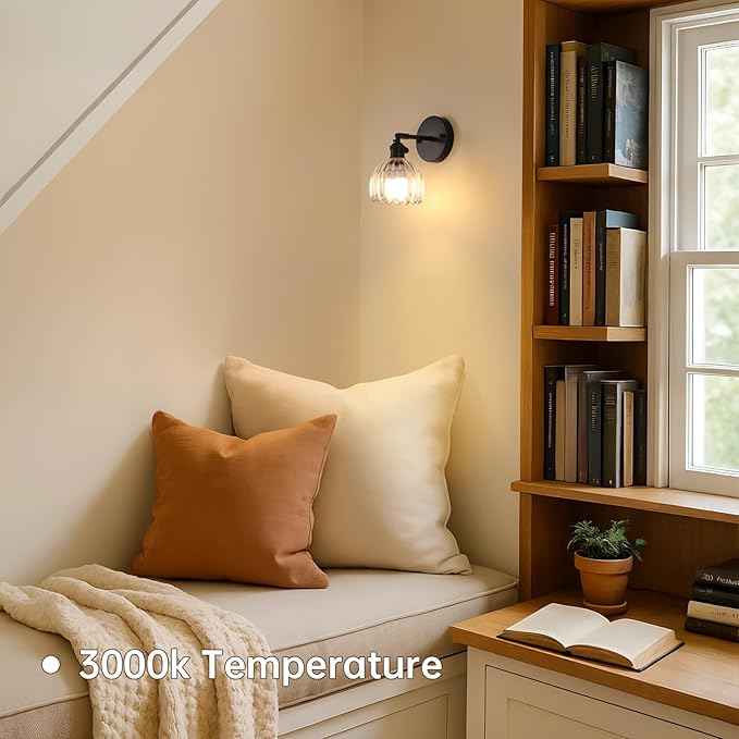 Vintage Battery Operated Wall Sconce with Transparent Tulip Glass Lampshade Rechargeable Battery Powered Black Wall Light with Remote Control for Bedside Bedroom Doorway