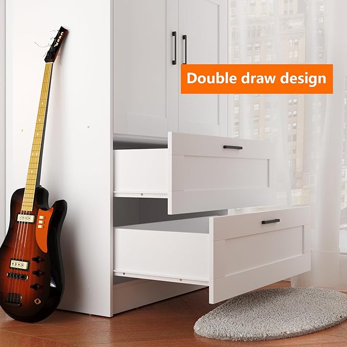3 Doors Wooden Wardrobe Closet Armoire, White Storage Cabinet for Hanging Clothes, Bedroom Large Capacity Freestanding Armoire,Wood Wardrobe Combination with Shelves (2drawer, White)