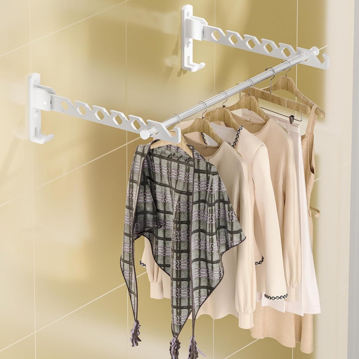 Dr.DJ Wall Mount Coat Hanger Holder White Clothes Drying Organizer Rack Garment Hooks Aluminium Retractable Folding Indoor Wall Mounted Hanger for Laundry Room Bedroom White 2Pack with 80cm Rod - NestledHome