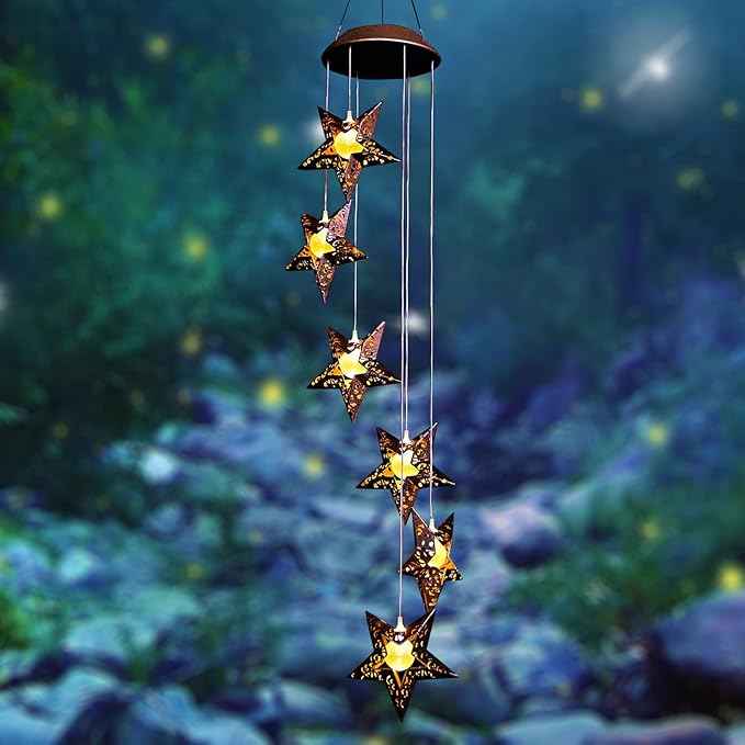 Tryme Solar Wind Chimes Star Wind Chime Warm LED Hanging Solar Lights Unique Garden Decor Memorial Thanksgiving Gifts for Mom Grandma Sister Home Party