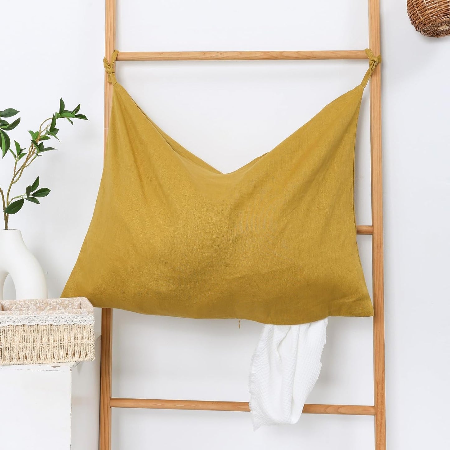 Hanging Linen Laundry Bag, 100% Pure Flax Linen Over The Door Hamper with Bottom Zipper for Laundry Room, Household Dirty Cloth Storage Organizer Bag, Turmeric - NestledHome