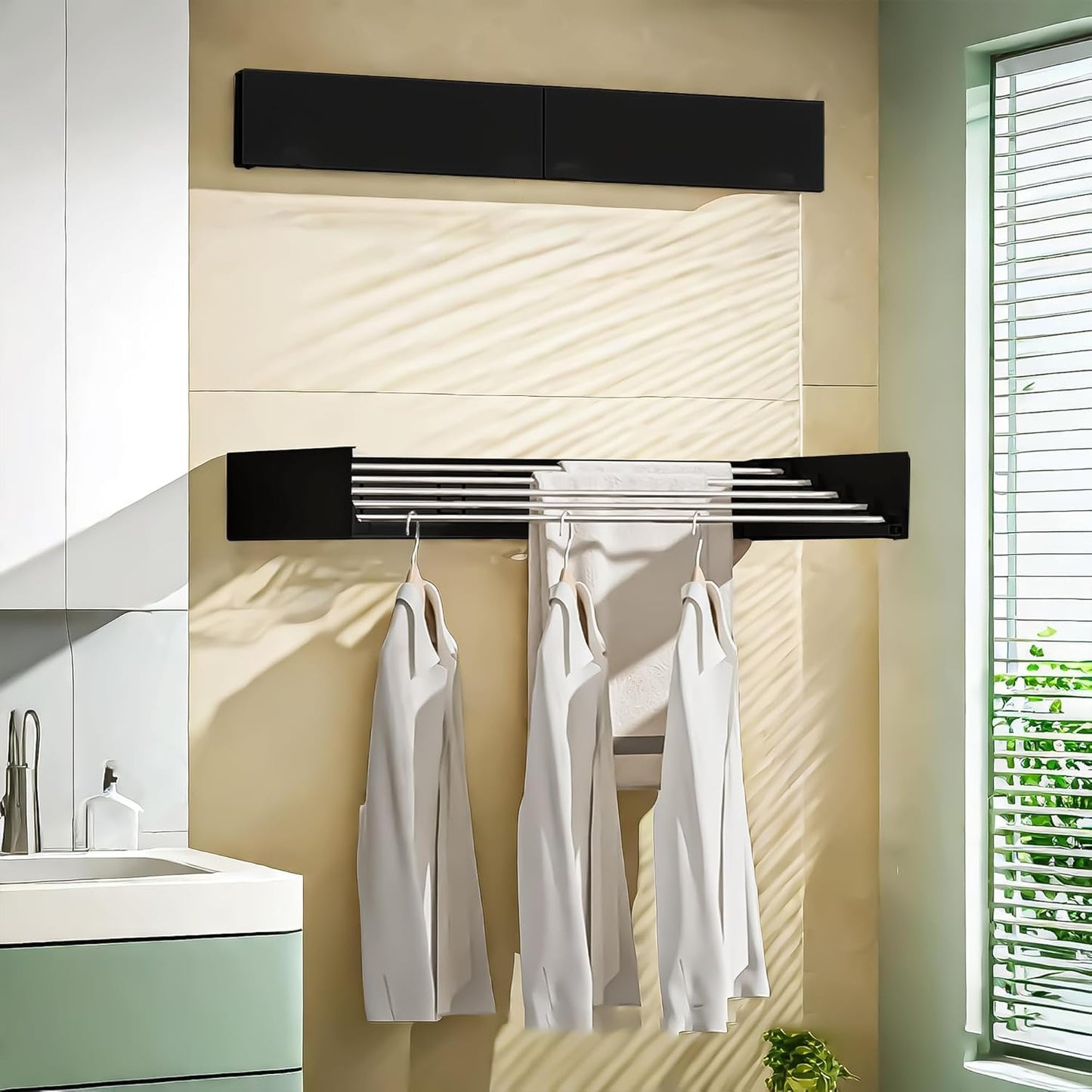 Laundry Drying Rack Collapsible, Wall Mounted Clothes Drying Rack. 39.37" Wide, 19.3 Linear Ft, 5 Aluminum Rods, with Wall Template, Screwdriver Bit (Black 1M) - NestledHome